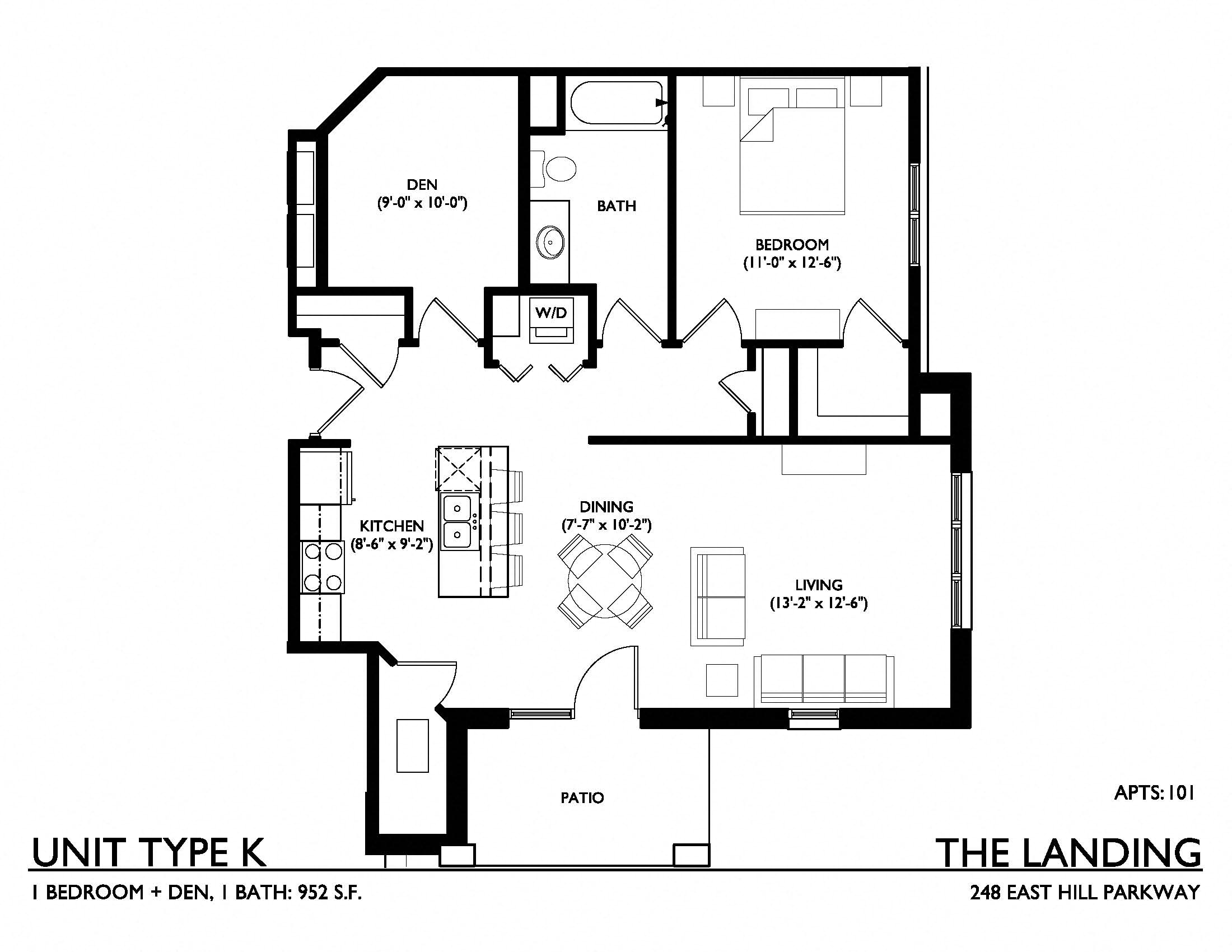 Floor plan for 1 bed, 1 bath, 952 sqft